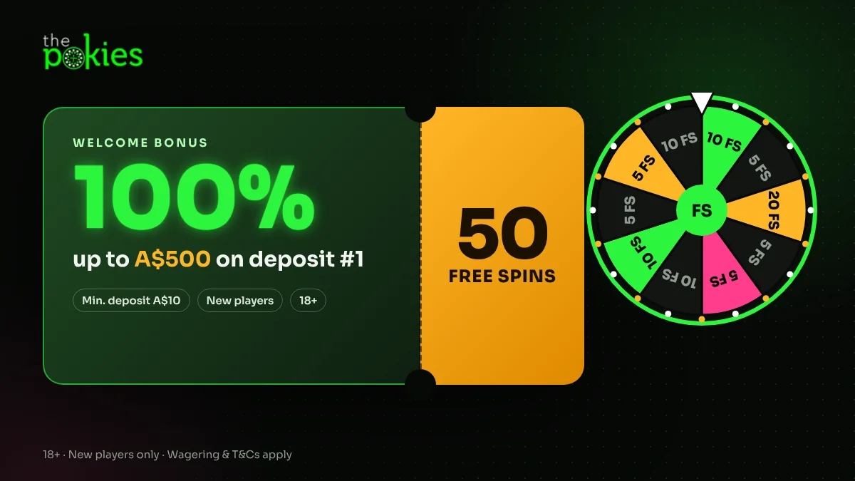 The Pokies 119 welcome bonus: 100% up to A$500 on the first deposit plus 50 free spins, minimum deposit A$10